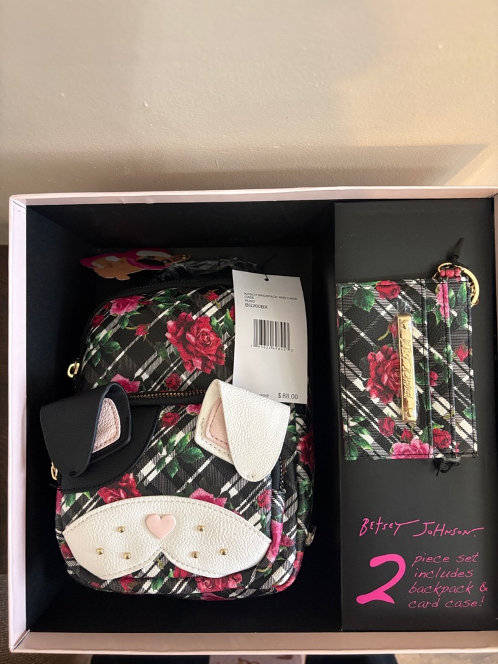 Betsey Johnson Black Plaid Floral dog Backpack & Card Case